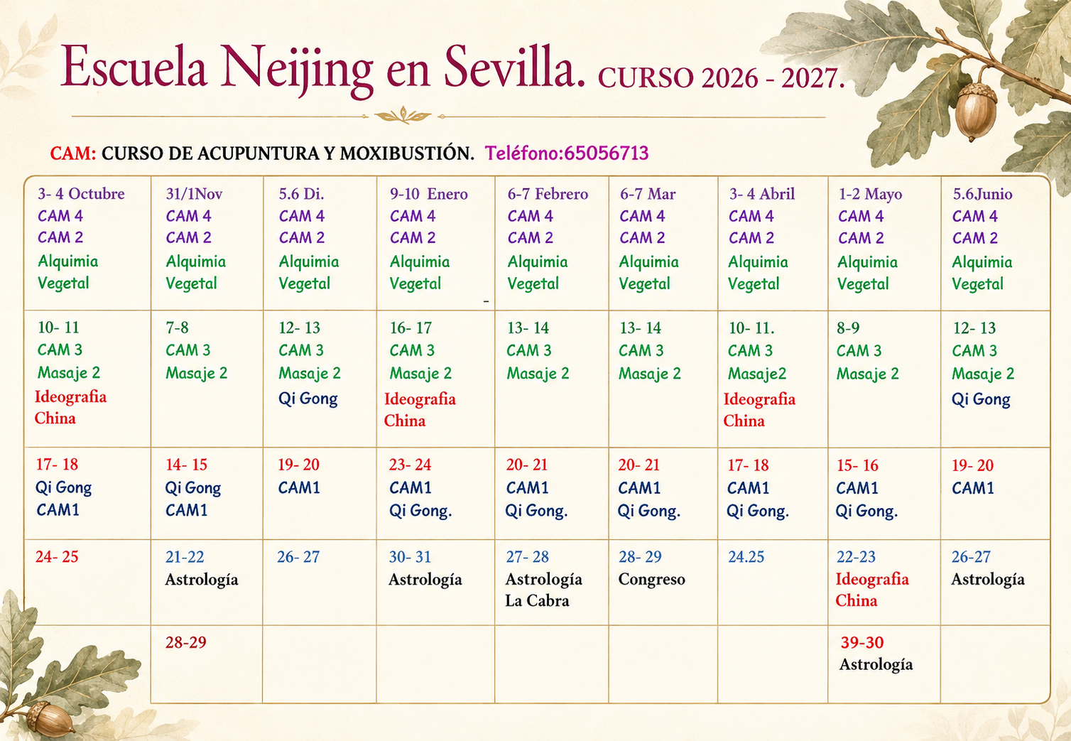 Horario oficial del curso 2026–2027 de Escuela Neijing en Sevilla